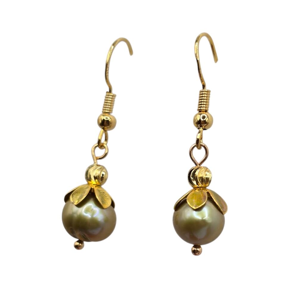 Pierced Earrings Baroque Dyed Pearl Soft Green Beads Artisan Handcrafted SKU2791